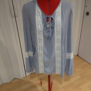 Supply & Demand, Blue & White stripped top with lace inserts made in the USA